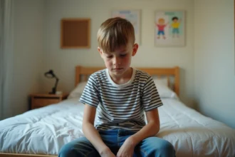 Jeune garçon assis sur le lit avec expression réservée