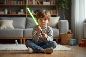 Jeune garçon hésitant avec un sabre laser en plastique