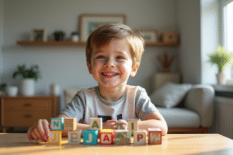 Jeune garçon souriant avec lettres J sur un bureau lumineux