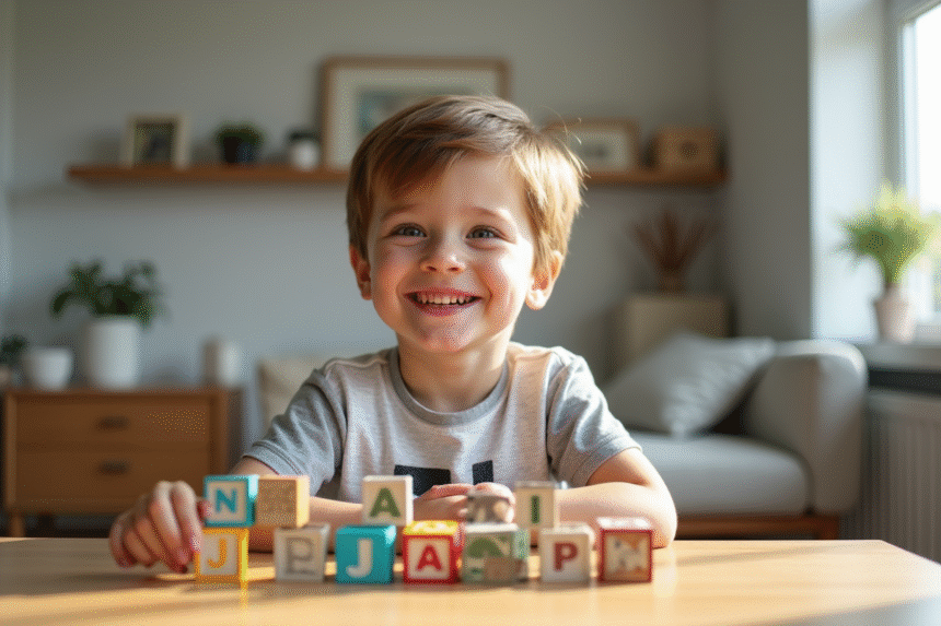 Jeune garçon souriant avec lettres J sur un bureau lumineux