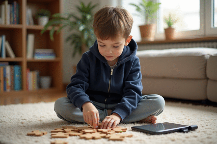 Garçon de 9 ans assemble un puzzle en salon