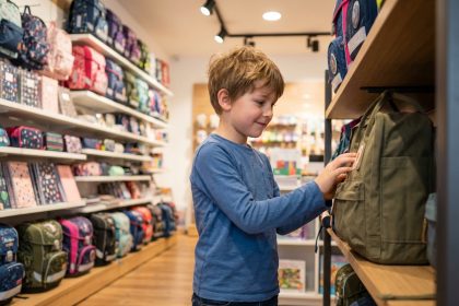 Garçon de 8 ans choisissant un sac à dos dans un magasin de fournitures