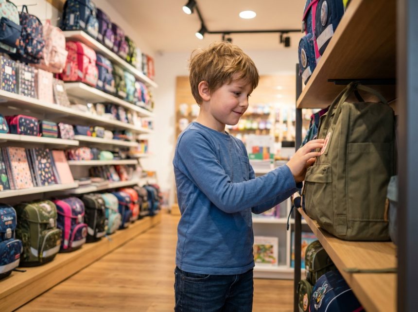Garçon de 8 ans choisissant un sac à dos dans un magasin de fournitures