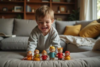 Jeune garçon rieur jouant avec des figurines dans le salon