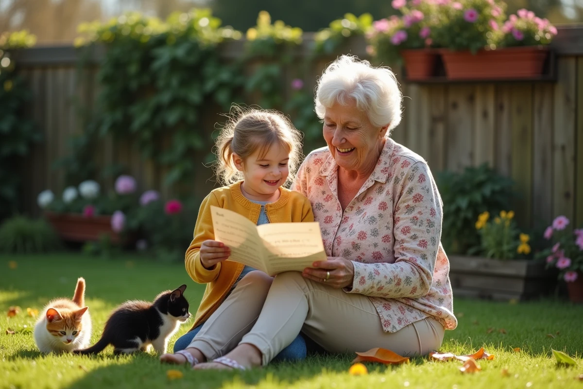 Grand-mère et petite-fille chantant ensemble les paroles d'une comptine sur les petits chats dans un jardin fleuri