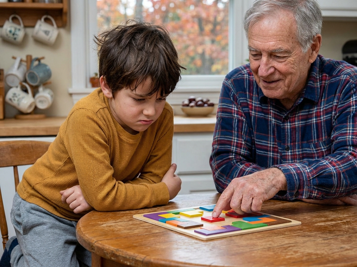 Grand-père et petit-fils concentrés sur un jeu de perception visuelle à la table de cuisine pendant les vacances de la Toussaint