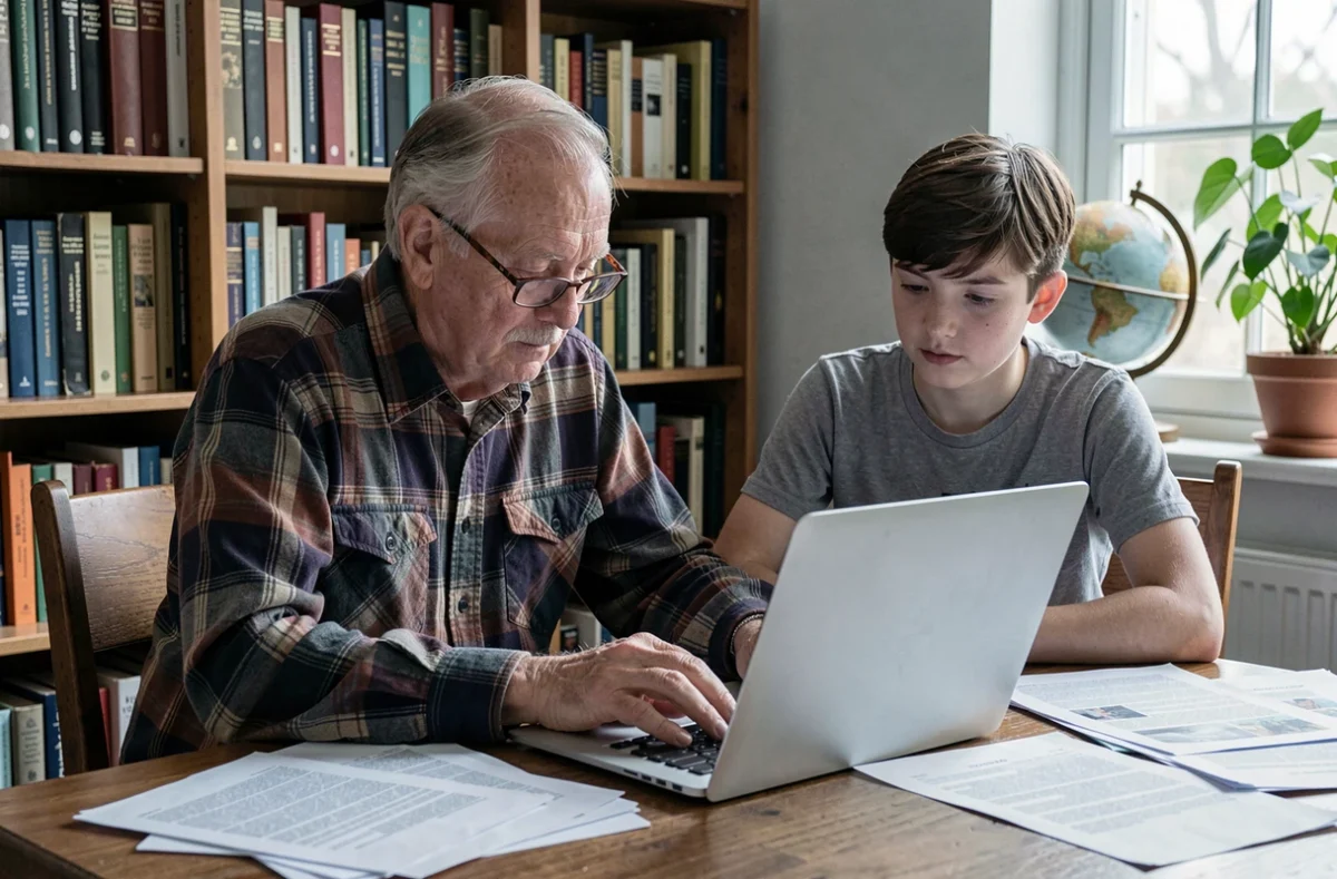 Grand-père et petit-fils travaillant ensemble sur un ordinateur portable dans une bibliothèque familiale, illustrant la transmission intergénérationnelle et le soutien scolaire