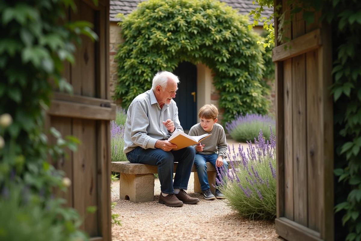 Grand-père et adolescent planifiant des visites familiales dans un jardin de campagne française lors d'un week-end prolongé