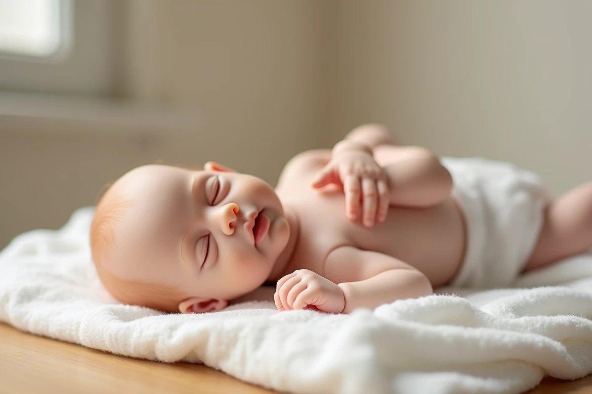 Gros plan sur un bébé reborne en silicone aux détails ultra-réalistes posé sur une toile de mousseline blanche