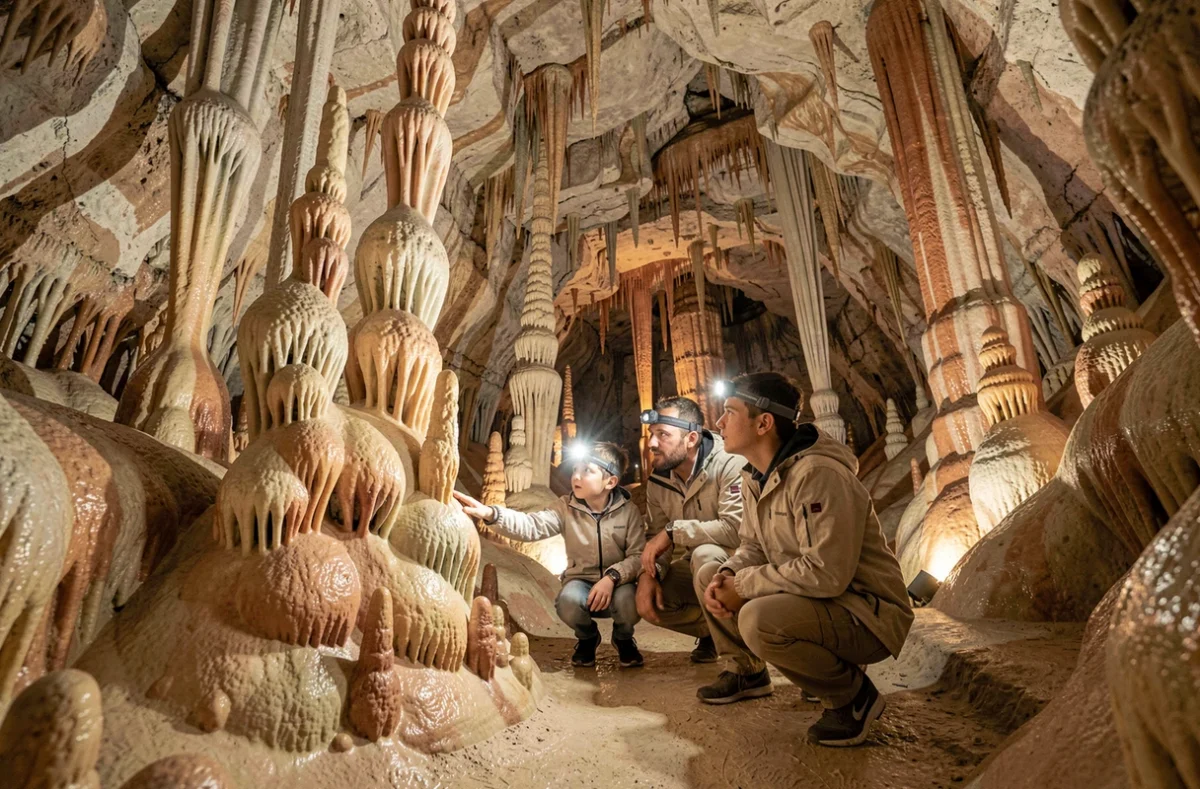 Une famille explore les stalactites et stalagmites de la Grotte de Baume Obscure à Saint-Vallier-de-Thiey