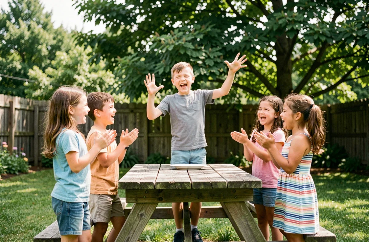 Groupe d'enfants de 8 ans jouant à des blagues à mimer dans un jardin, l'un d'eux gesticulant de façon comique sous les rires de ses camarades