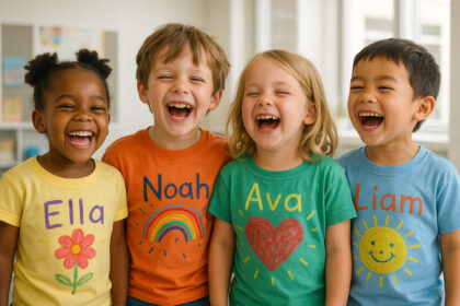 Groupe d'enfants riant dans une classe moderne
