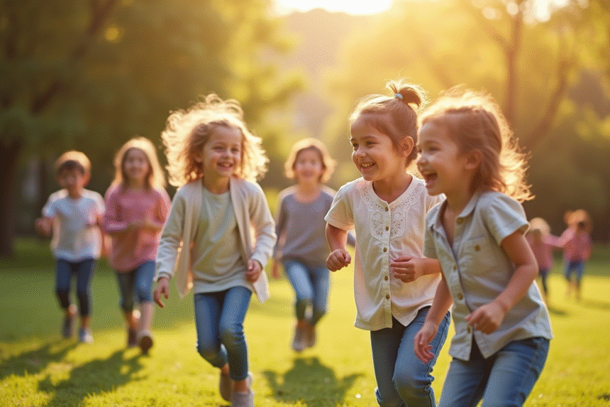 Groupe d'enfants qui rient dans un parc ensoleille
