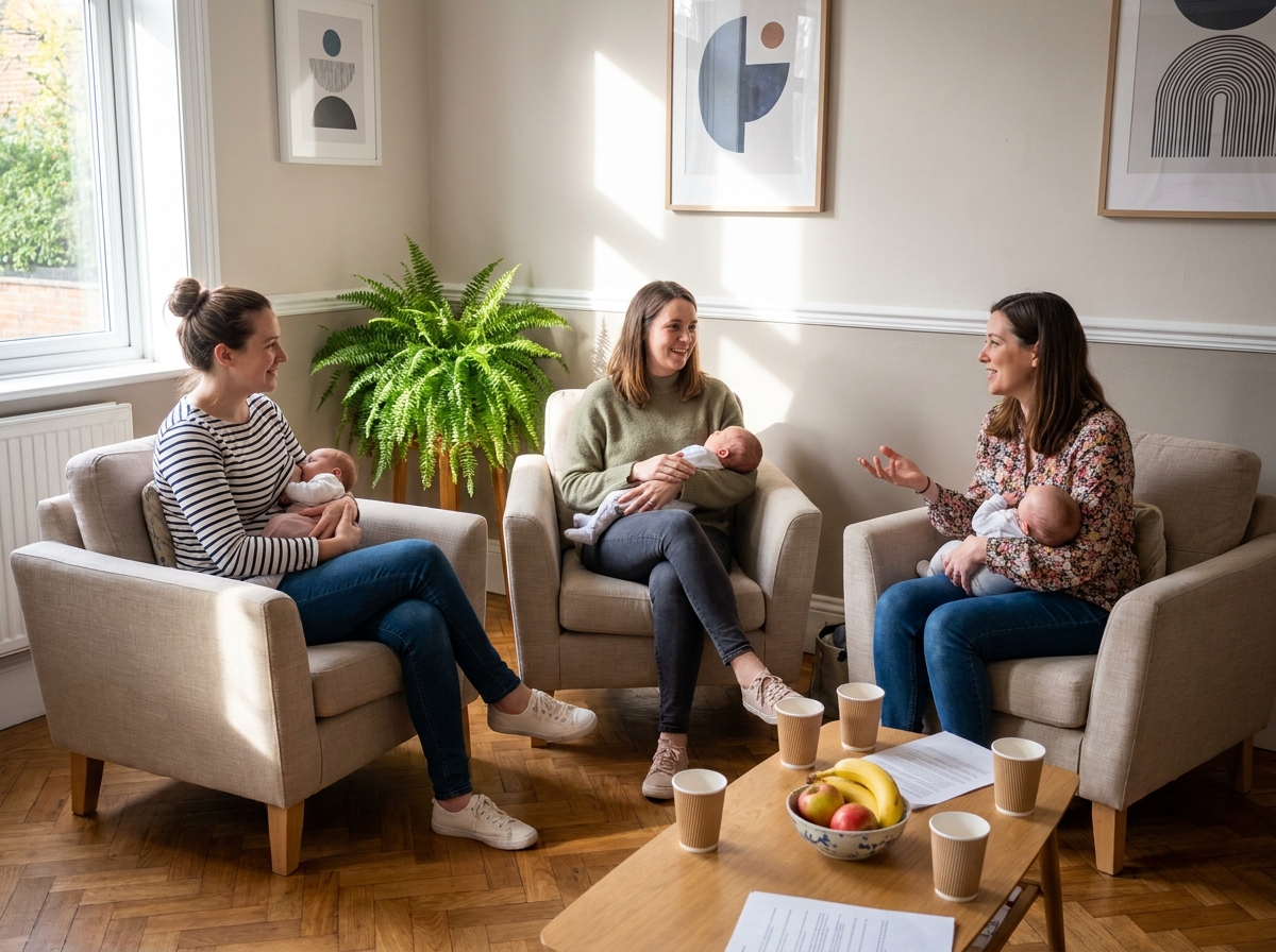 Groupe de soutien à l'allaitement avec trois jeunes mères partageant leurs expériences dans un espace communautaire