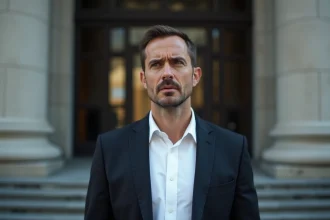 Homme en blazer sombre devant un palais de justice, regard fuyant, ambiance journalistique et tendue