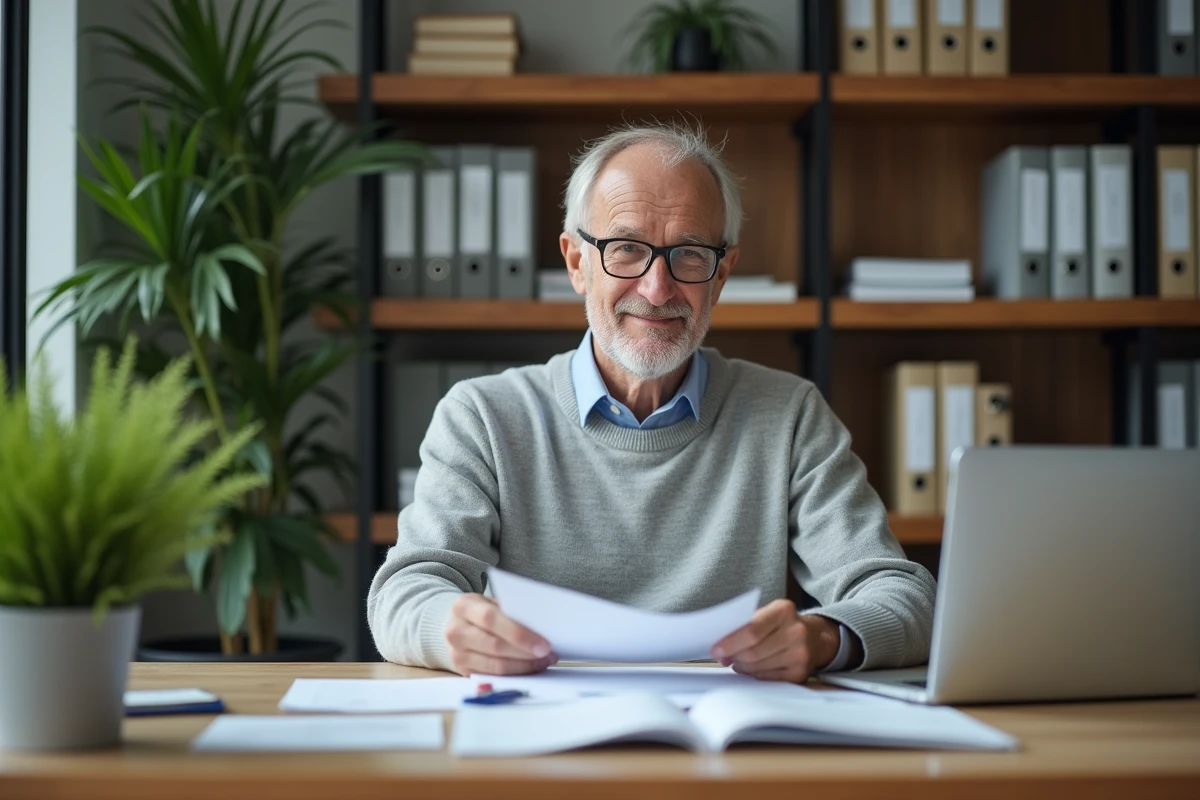 Homme professionnel assis à un bureau en bois consultant des documents dans un bureau moderne, évoquant la transparence et l'accès à l'information publique