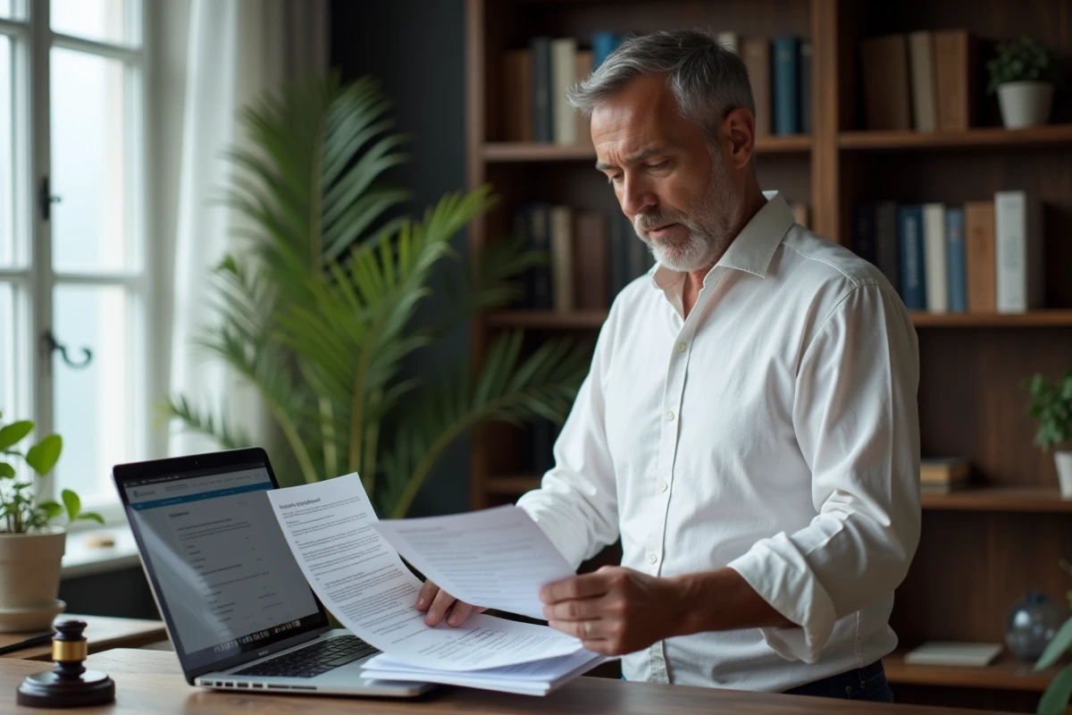 Homme consultant des documents juridiques pour une procédure de divorce par internet depuis son bureau
