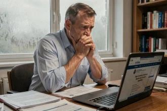 Homme inquiet assis à un bureau encombré de documents financiers illustrant le stress lié au calcul de l'obligation alimentaire