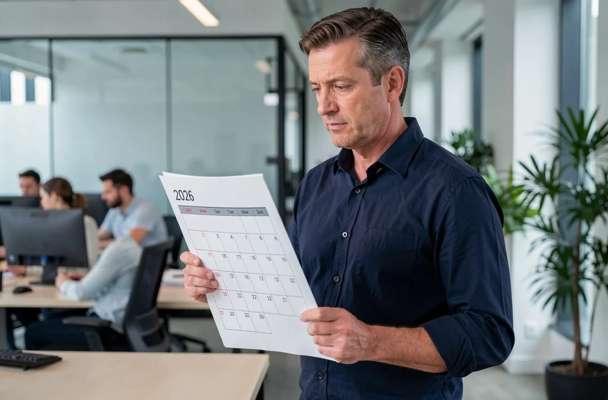Homme en open space tenant un calendrier PDF 2026 avec numéros de semaines paires et impaires