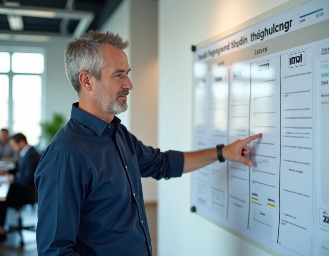 Homme en bureau pointant un planning mural avec numéros de semaines pour l'organisation professionnelle