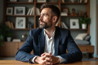 Homme réfléchi dans un salon moderne avec livres et photos