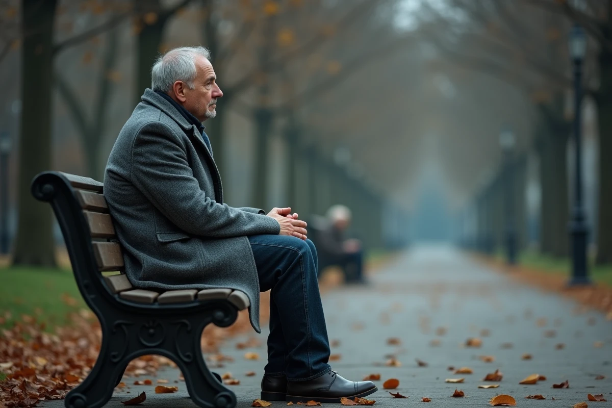 Homme seul sur un banc de parc en automne, posture réfléchie et mélancolique, portrait éditorial sobre