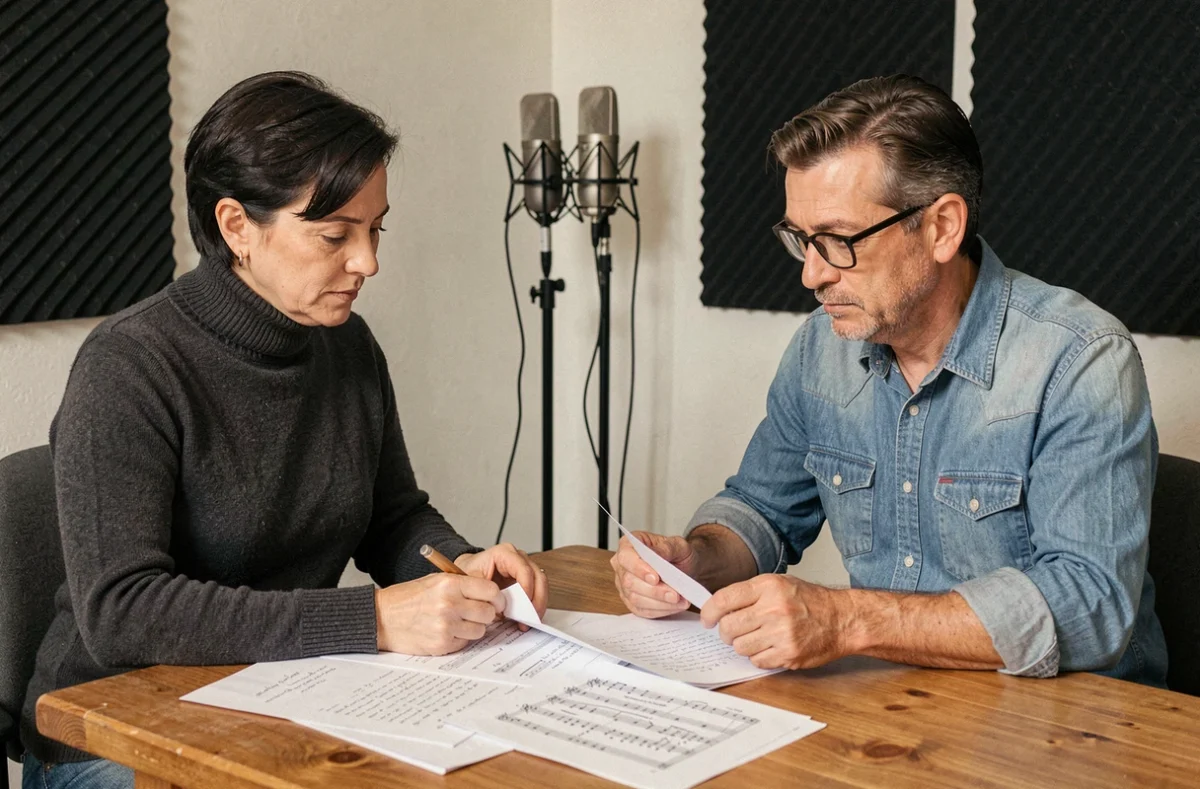 Chanteuse et collaborateur musical travaillant ensemble sur une partition dans un studio à domicile, reflétant le soutien artistique dans la carrière de Jeanne Cherhal