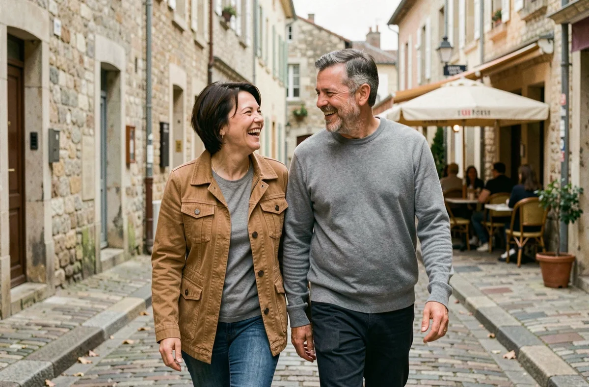 Couple marchant sur une rue pavée française, illustrant la complicité entre Jeanne Cherhal et son compagnon dans leur vie quotidienne