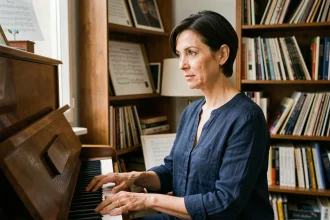 Chanteuse française assise au piano dans un appartement parisien chaleureux, évoquant l'univers artistique de Jeanne Cherhal