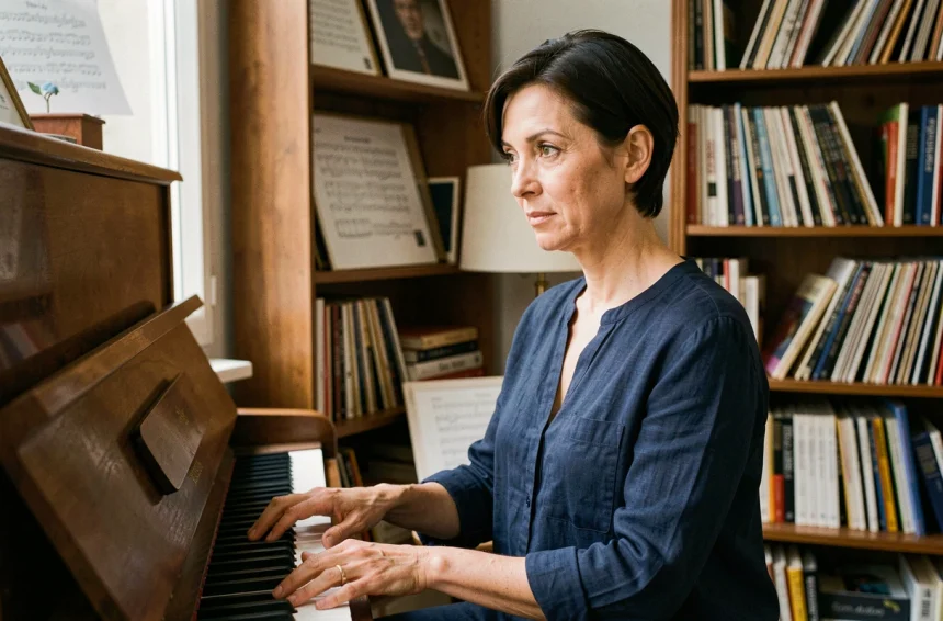 Chanteuse française assise au piano dans un appartement parisien chaleureux, évoquant l'univers artistique de Jeanne Cherhal