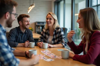 Collègues de bureau jouant à un jeu de cartes rapide pendant une pause café dans une salle de repos moderne
