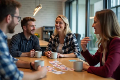 Collègues de bureau jouant à un jeu de cartes rapide pendant une pause café dans une salle de repos moderne