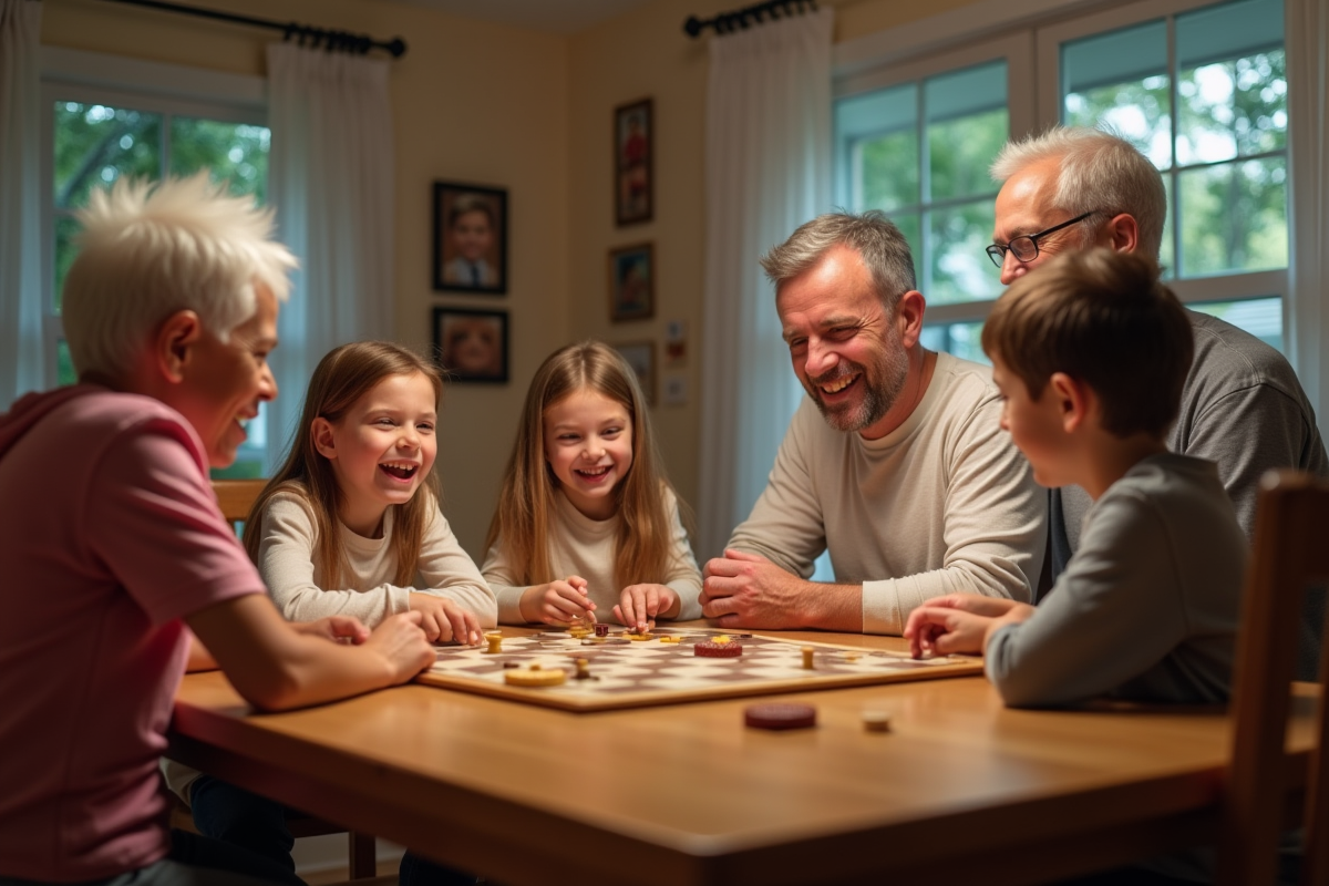 Famille jouant à un jeu de société à la maison