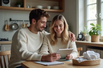 Jeune couple regardant une tablette pour liste de bébé