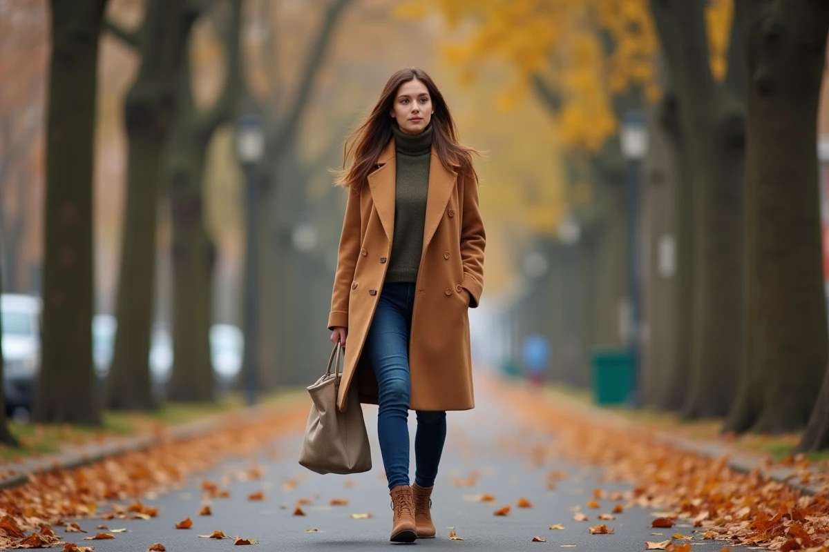 Jeune femme déterminée marchant sur un boulevard parisien en automne, manteau camel, feuilles dorées au sol, atmosphère de renouveau personnel