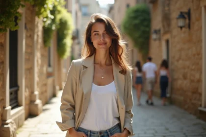 Jeune femme assumant sa personnalité avec confiance dans une cour urbaine pavée, blazer en lin, sourire naturel et posture ouverte
