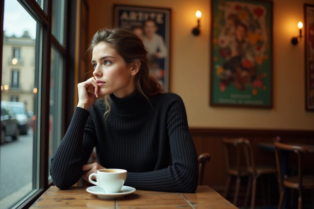 Jeune femme pensive dans un café parisien, pull col roulé sombre, regard tourné vers la fenêtre, atmosphère intimiste et introspective