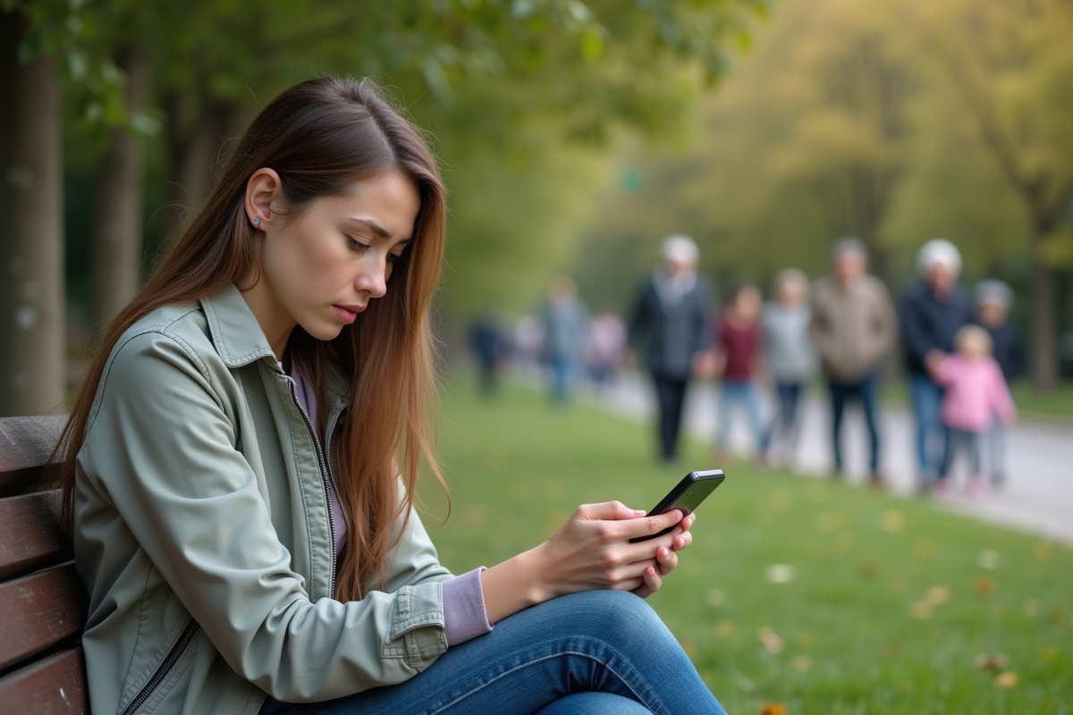 Jeune femme assise sur un banc de parc regardant son smartphone
