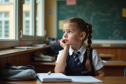 Jeune fille en uniforme scolaire regardant par la fenêtre en classe