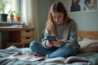 Jeune fille de 16 ans pensive sur son lit avec magazines