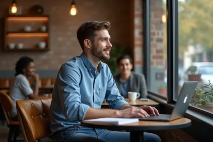 Jeune homme au cafe regardant par la fenetre avec un sourire