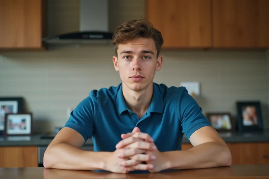 Jeune homme en polo bleu dans la cuisine moderne