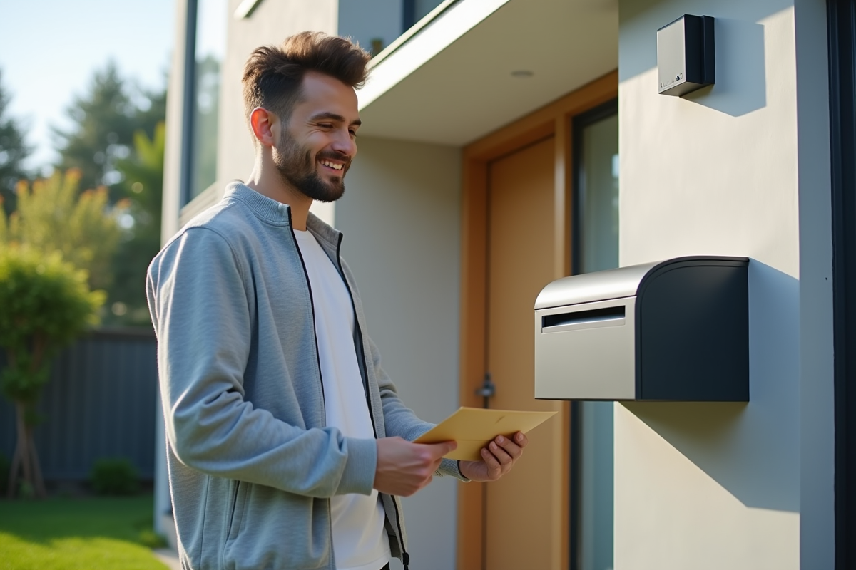 Jeune homme avec une enveloppe près de la boîte aux lettres