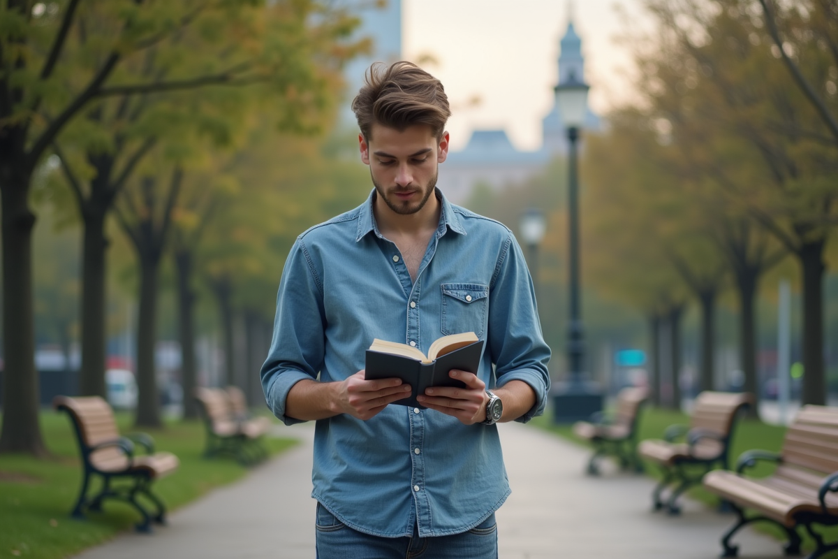 Jeune homme lisant dans un parc urbain