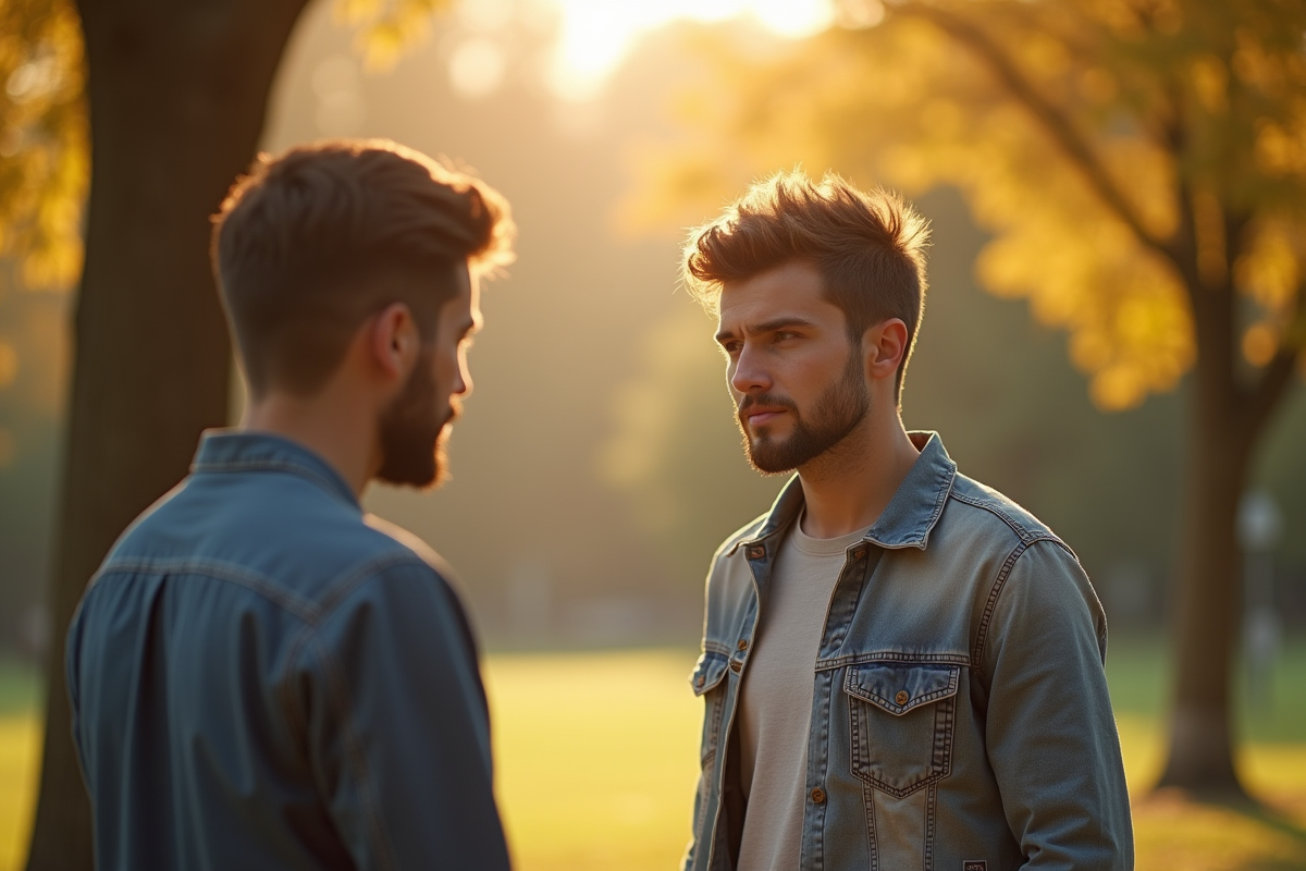 Jeune homme parlant avec son père dans un parc ensoleille