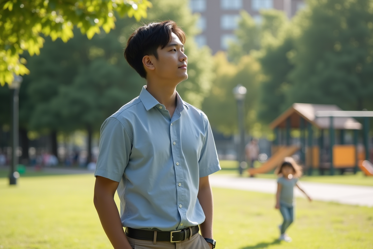 Jeune homme regardant une fille jouer dans un parc ensoleille