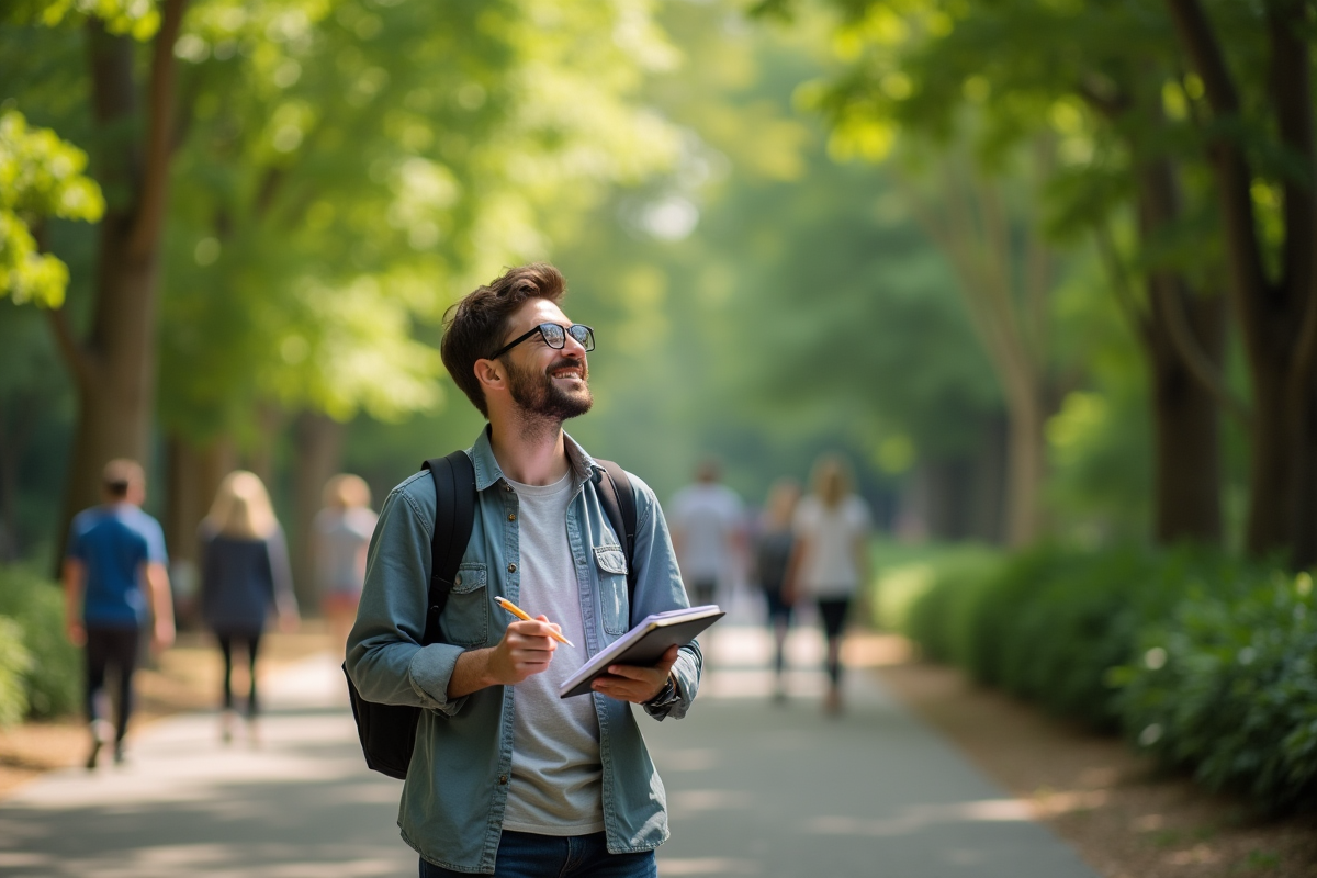 Jeune homme dans un parc urbain avec carnet et stylo