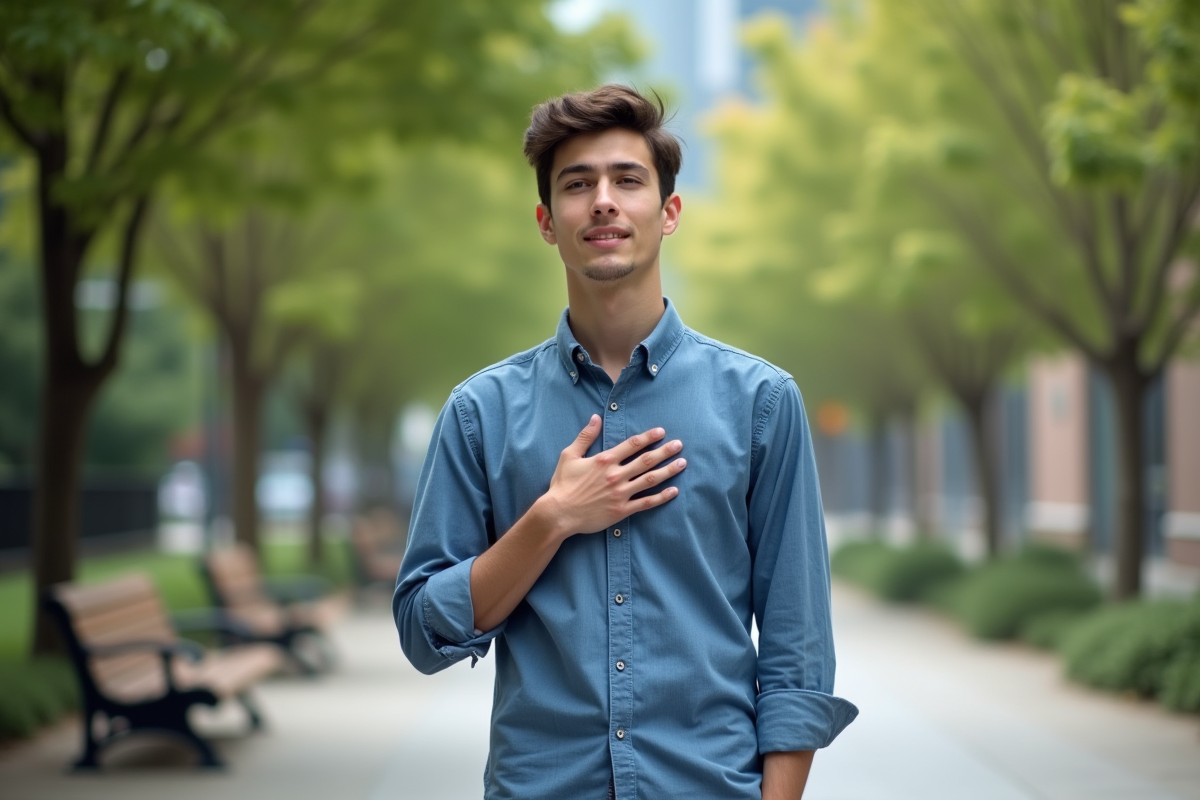 Jeune homme marche dans un parc urbain calme