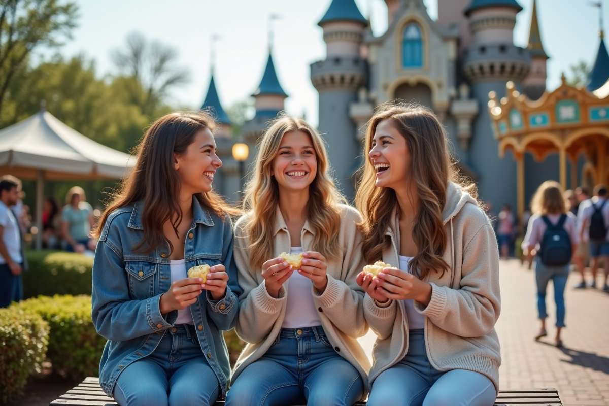 Adolescentes riant avec des amis près d’un château de parc d’attractions