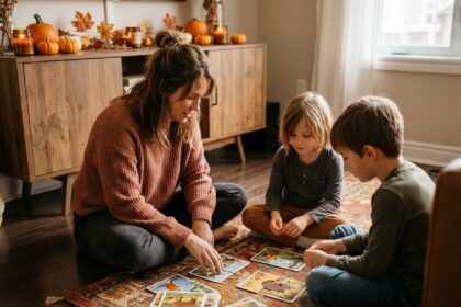 Mère et deux enfants jouant à un jeu de cartes visuelles sur un tapis de salon décoré pour la Toussaint